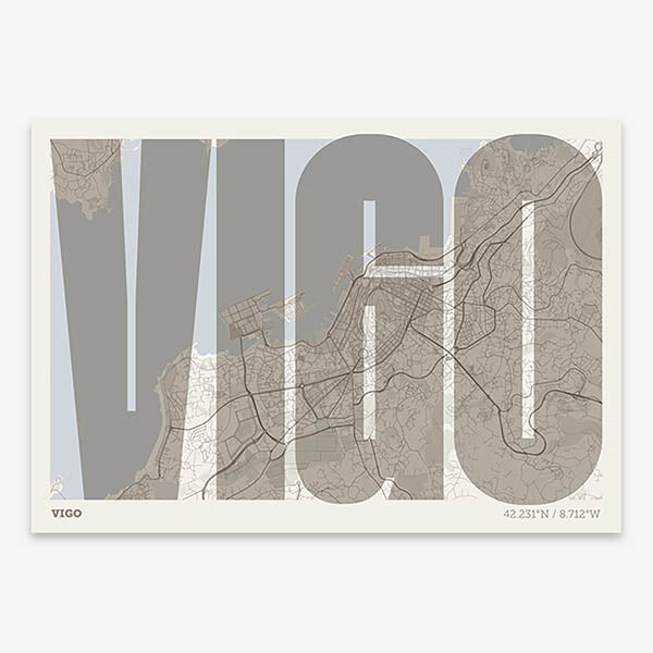 Decorative map of Vigo and letters of its name in a giclée print designed in light brown and an off-white background