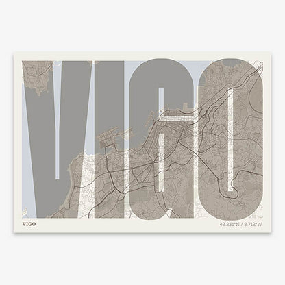 Decorative map of Vigo and letters of its name in a giclée print designed in light brown and an off-white background