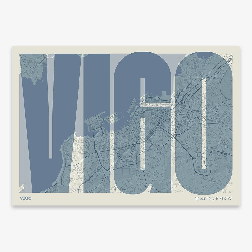 Decorative map of Vigo and letters of its name in a giclée print designed in bluish gray and an off-white background