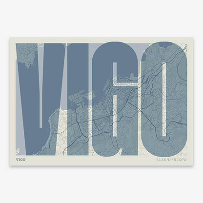 Decorative map of Vigo and letters of its name in a giclée print designed in bluish gray and an off-white background