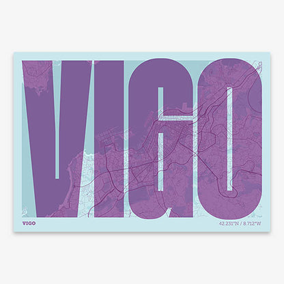 Decorative map of Vigo and letters of its name in a giclée print designed in purple and light blue