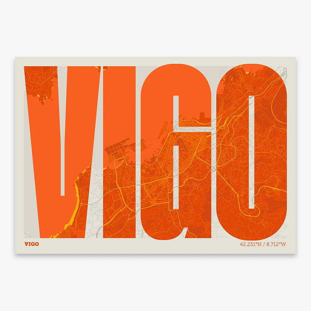 Decorative map of Vigo and letters of its name in a giclée print designed in orange and an off-white background