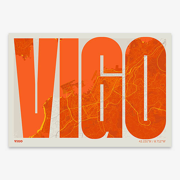 Decorative map of Vigo and letters of its name in a giclée print designed in orange and an off-white background