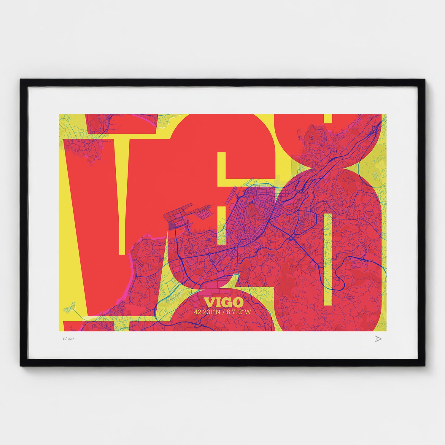 Lámina tipográfica de Vigo – diseño Inseparable, marco negro