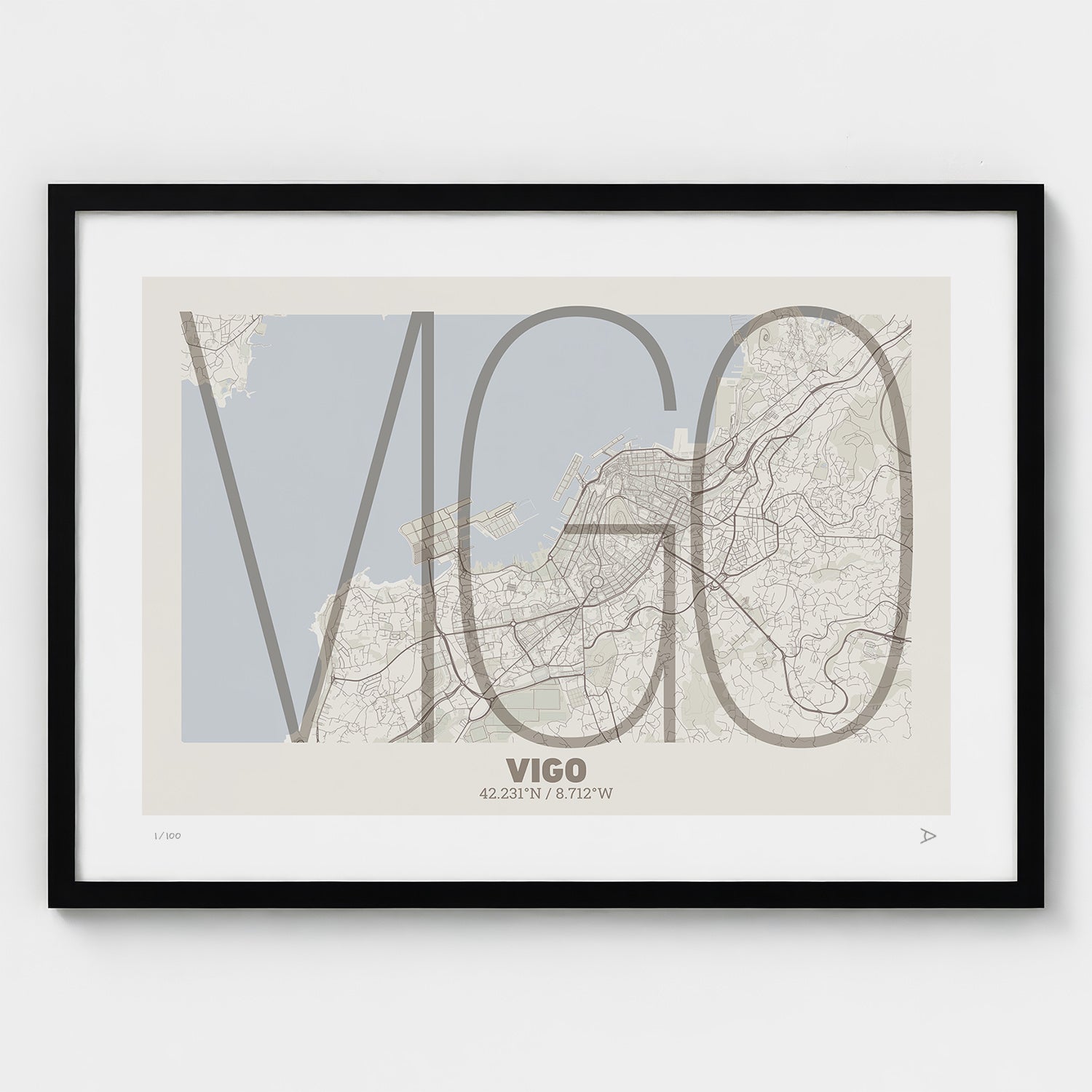 Lámina tipográfica de Vigo – diseño Ultrafina, marco negro