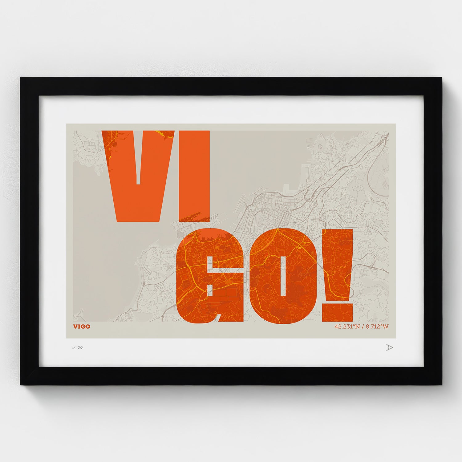 Lámina tipográfica de Vigo – diseño Revoltosa, marco negro
