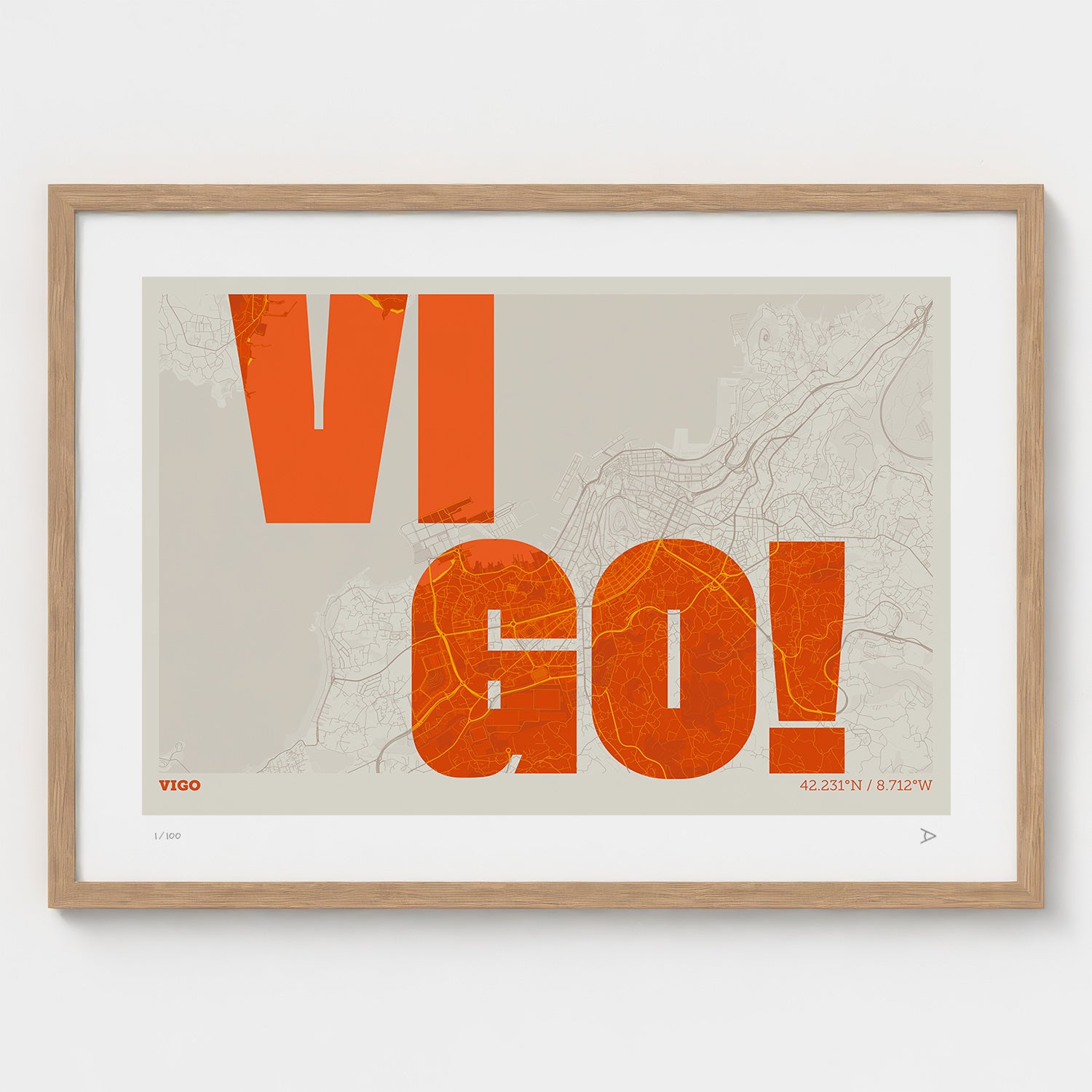 Lámina tipográfica de Vigo – diseño Revoltosa, marco de madera natural