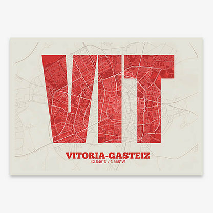 Decorative print of Vitoria-Gasteiz composed with letters in a heavy geometric font printed on red and an off-white background