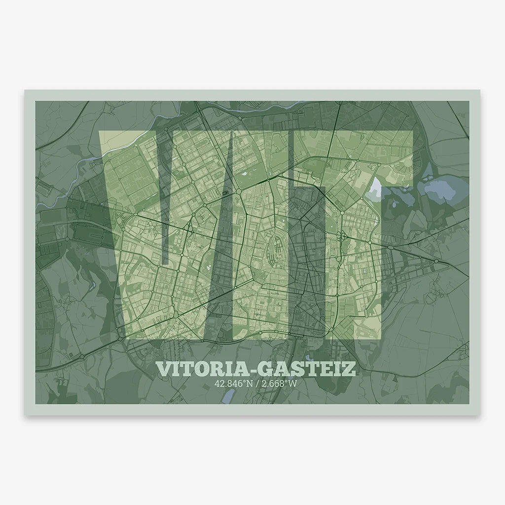 Decorative print of Vitoria-Gasteiz composed with letters in a heavy geometric font printed on two green tones