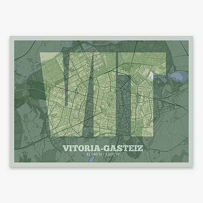Decorative print of Vitoria-Gasteiz composed with letters in a heavy geometric font printed on two green tones
