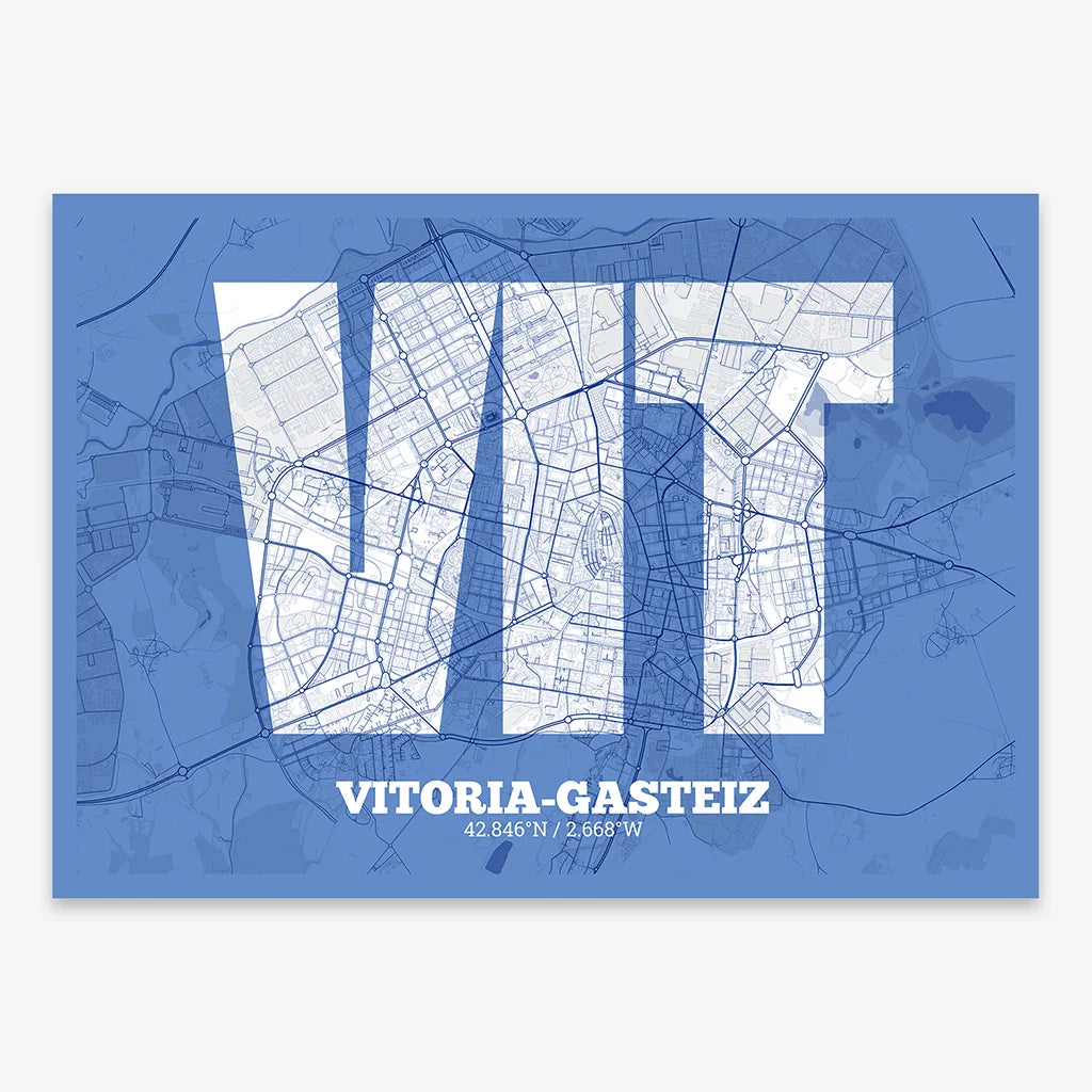 Decorative print of Vitoria-Gasteiz composed with letters in a heavy geometric font printed on navy blue and white