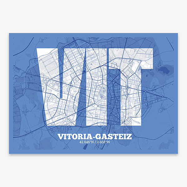 Decorative print of Vitoria-Gasteiz composed with letters in a heavy geometric font printed on navy blue and white