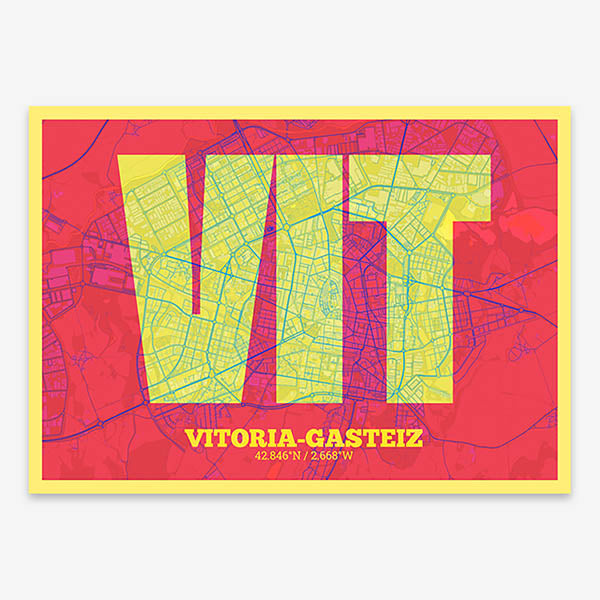 Decorative print of Vitoria-Gasteiz composed with letters in a heavy geometric font printed on yellow and fuchsia
