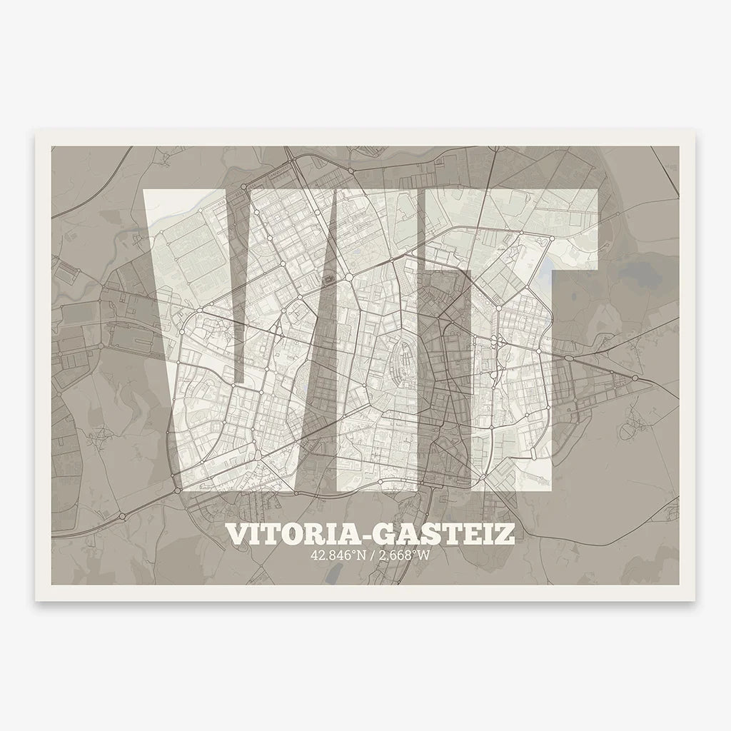 Decorative print of Vitoria-Gasteiz composed with letters in a heavy geometric font printed on light brown and an off-white background