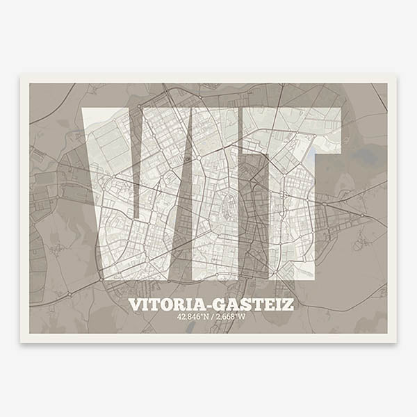 Decorative print of Vitoria-Gasteiz composed with letters in a heavy geometric font printed on light brown and an off-white background