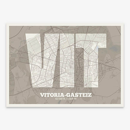 Decorative print of Vitoria-Gasteiz composed with letters in a heavy geometric font printed on light brown and an off-white background
