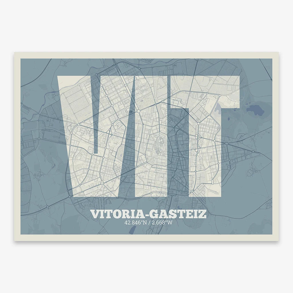 Decorative print of Vitoria-Gasteiz composed with letters in a heavy geometric font printed on bluish gray and an off-white background