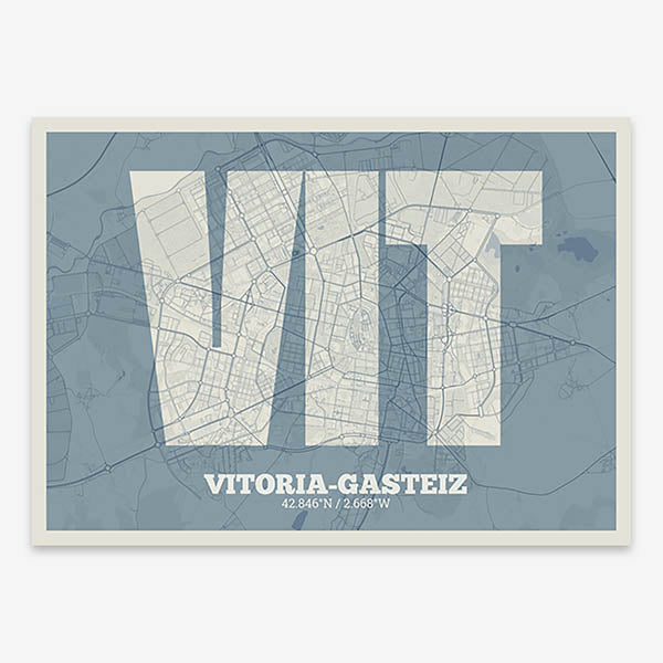 Decorative print of Vitoria-Gasteiz composed with letters in a heavy geometric font printed on bluish gray and an off-white background