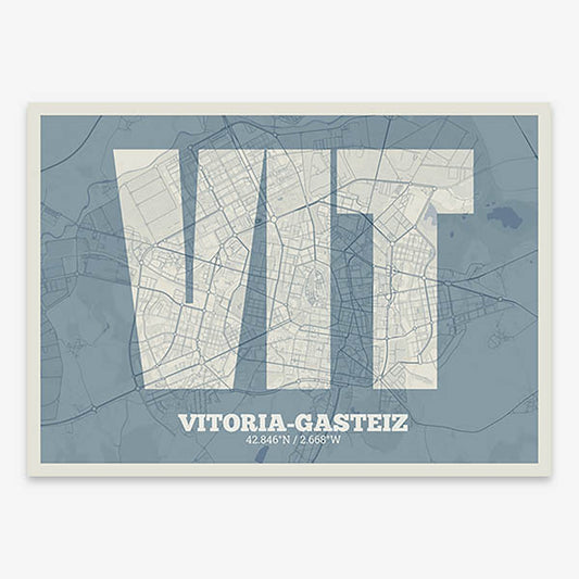 Decorative print of Vitoria-Gasteiz composed with letters in a heavy geometric font printed on bluish gray and an off-white background