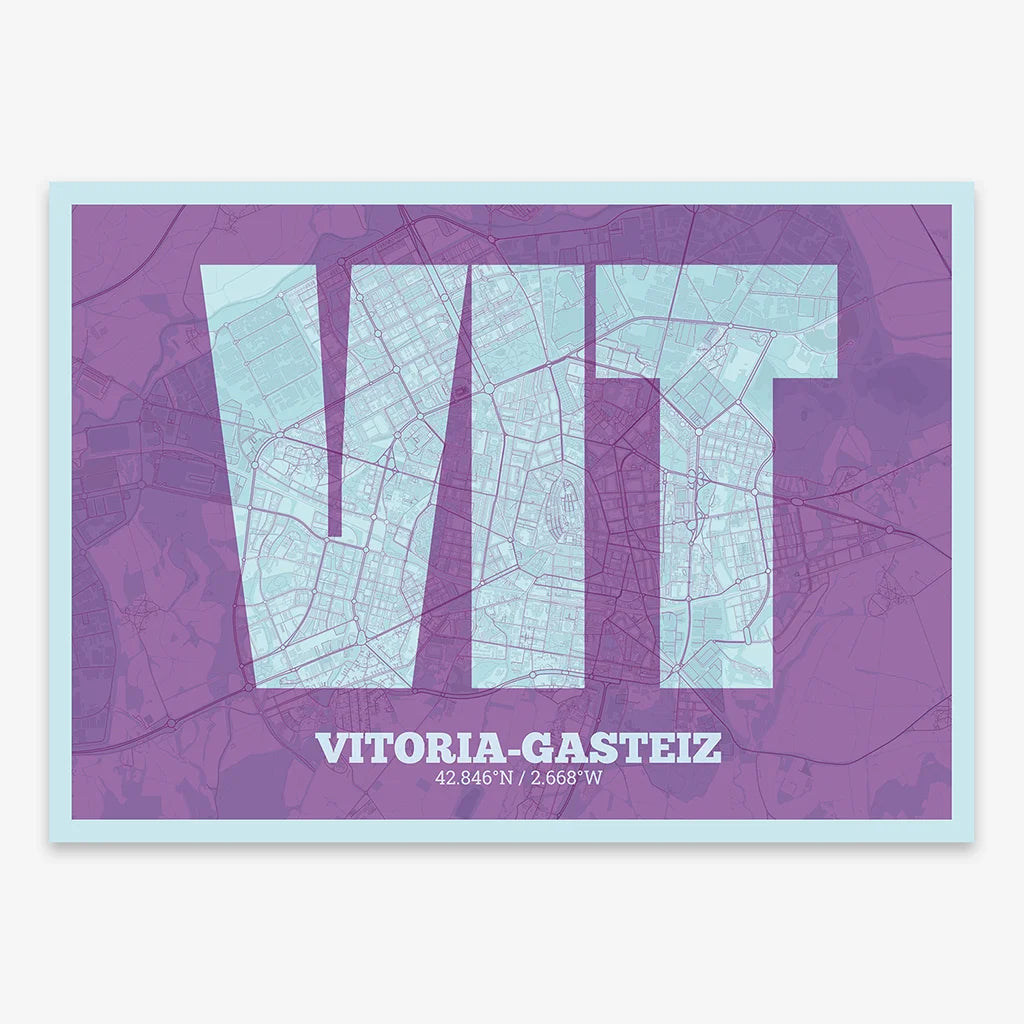 Decorative print of Vitoria-Gasteiz composed with letters in a heavy geometric font printed on purple and light blue