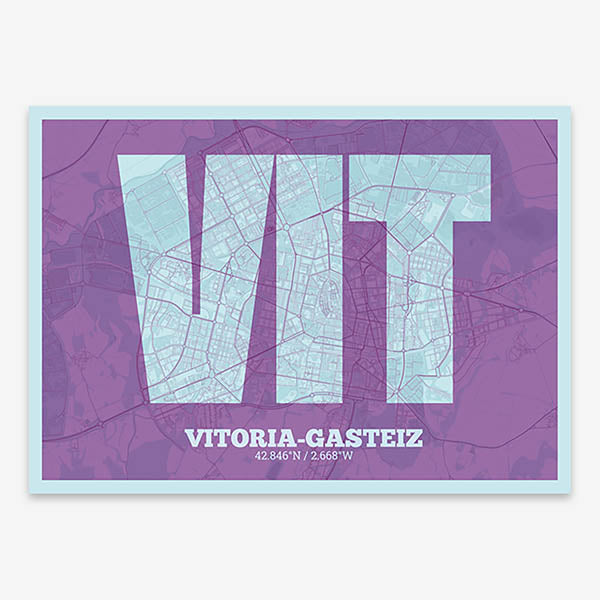 Decorative print of Vitoria-Gasteiz composed with letters in a heavy geometric font printed on purple and light blue