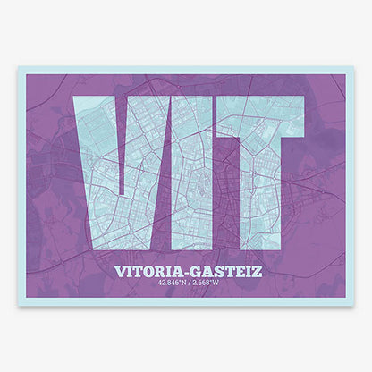 Decorative print of Vitoria-Gasteiz composed with letters in a heavy geometric font printed on purple and light blue