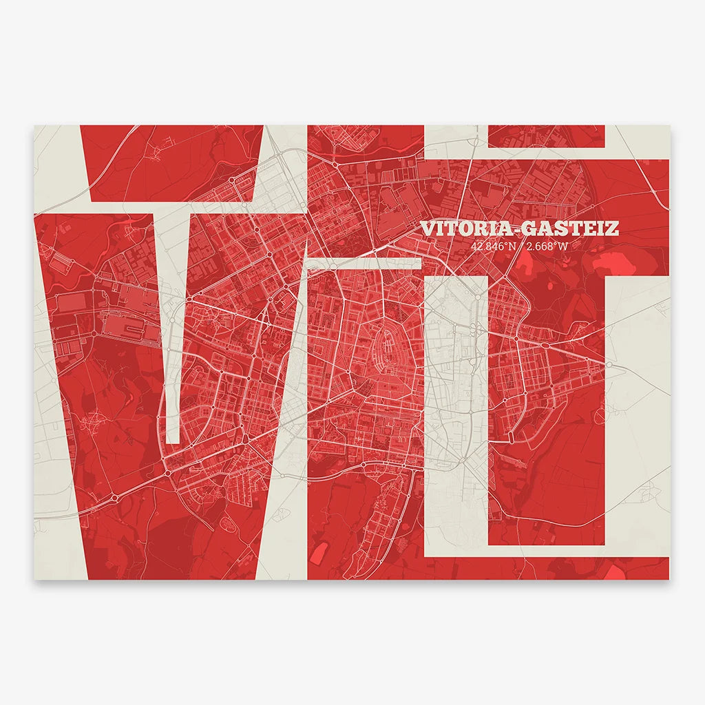 Poster of Vitoria-Gasteiz composed with letters from its abbreviation or its airport IATA code printed on red and an off-white background