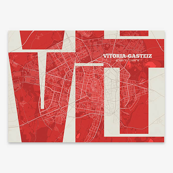 Poster of Vitoria-Gasteiz composed with letters from its abbreviation or its airport IATA code printed on red and an off-white background