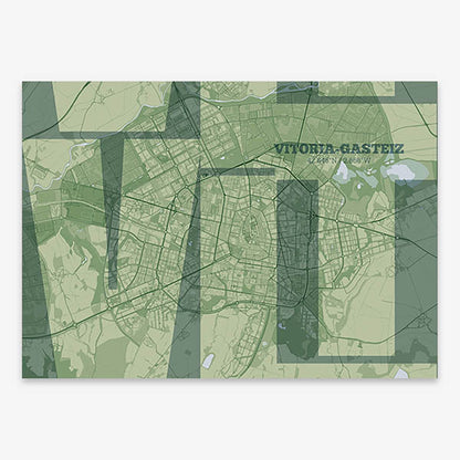 Poster of Vitoria-Gasteiz composed with letters from its abbreviation or its airport IATA code printed on two green tones