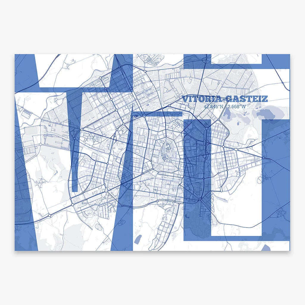Poster of Vitoria-Gasteiz composed with letters from its abbreviation or its airport IATA code printed on navy blue and white