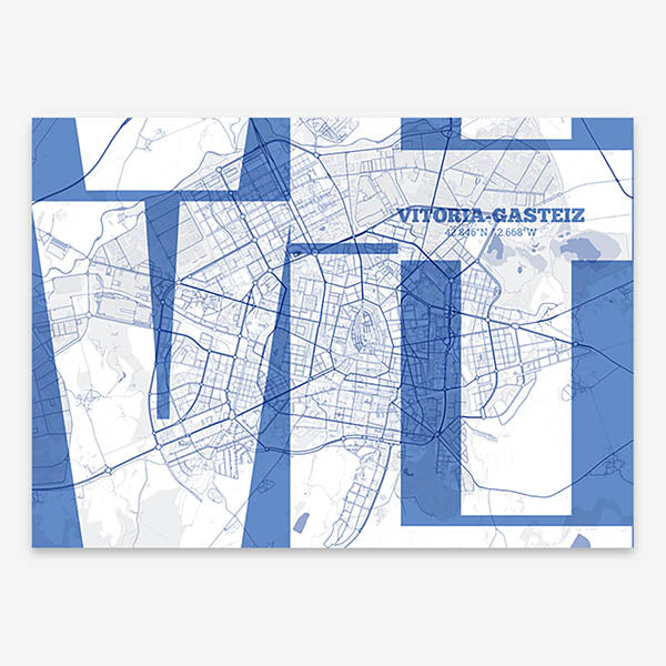 Poster of Vitoria-Gasteiz composed with letters from its abbreviation or its airport IATA code printed on navy blue and white