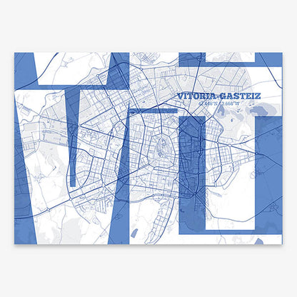 Poster of Vitoria-Gasteiz composed with letters from its abbreviation or its airport IATA code printed on navy blue and white