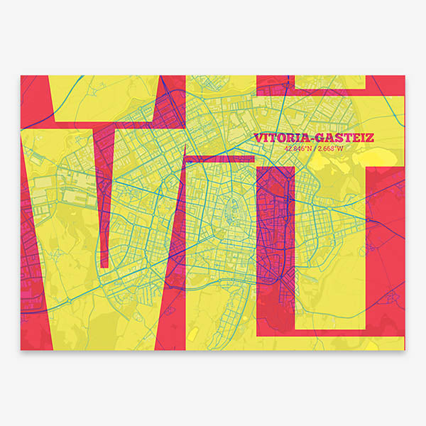 Poster of Vitoria-Gasteiz composed with letters from its abbreviation or its airport IATA code printed on yellow and fuchsia