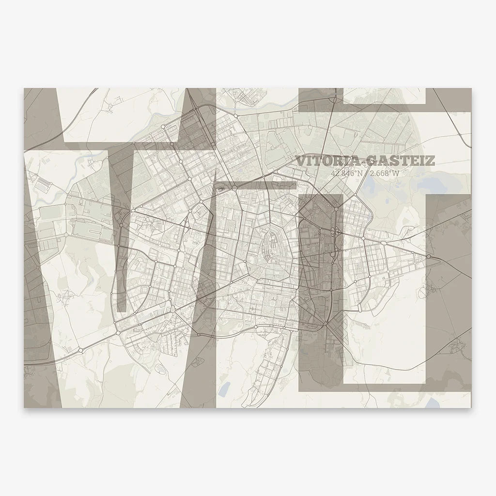 Poster of Vitoria-Gasteiz composed with letters from its abbreviation or its airport IATA code printed on light brown and an off-white background