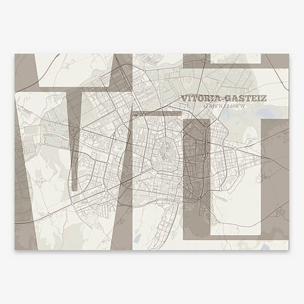 Poster of Vitoria-Gasteiz composed with letters from its abbreviation or its airport IATA code printed on light brown and an off-white background