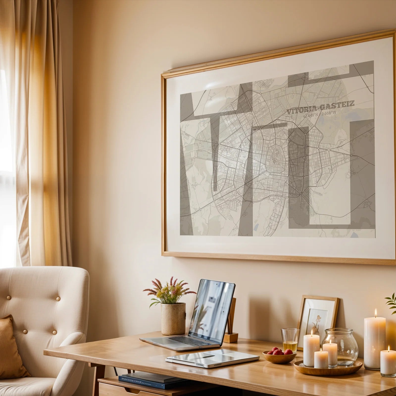 Modern interior design with a Vitoria-Gasteiz in Inseparable design, featuring the city's abbreviation in expressive typography over a detailed urban map designed in light brown and an off-white background, displayed on a living room wall