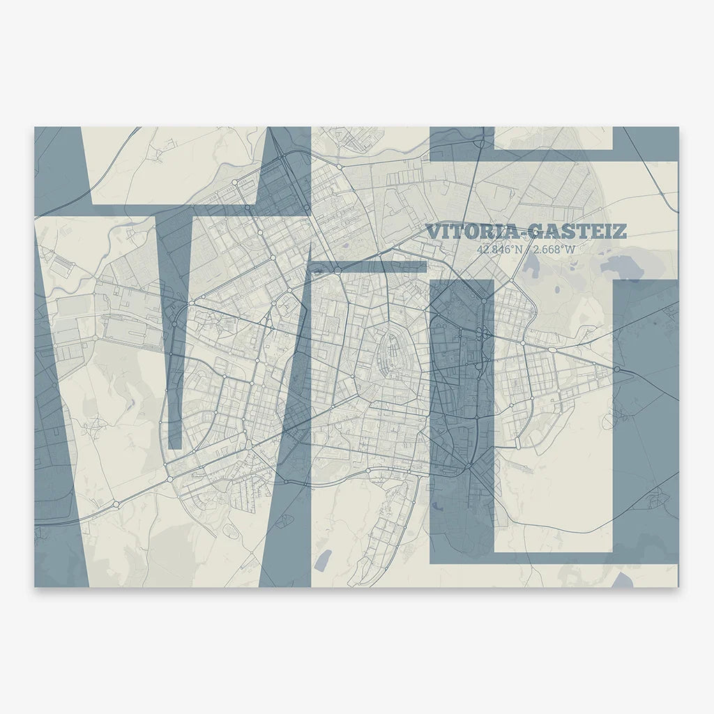 Poster of Vitoria-Gasteiz composed with letters from its abbreviation or its airport IATA code printed on bluish gray and an off-white background