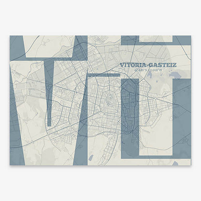 Poster of Vitoria-Gasteiz composed with letters from its abbreviation or its airport IATA code printed on bluish gray and an off-white background