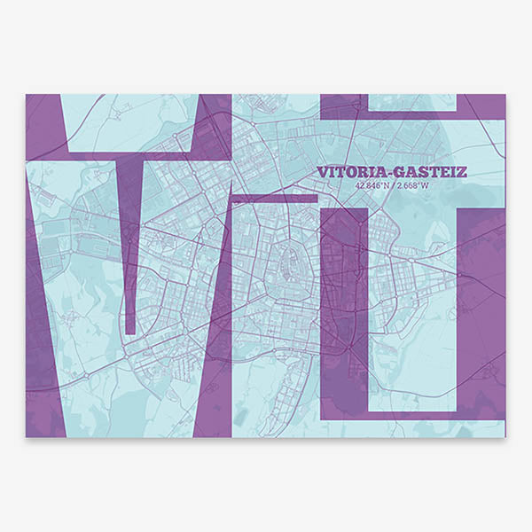 Poster of Vitoria-Gasteiz composed with letters from its abbreviation or its airport IATA code printed on purple and light blue