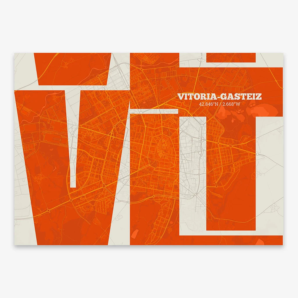 Poster of Vitoria-Gasteiz composed with letters from its abbreviation or its airport IATA code printed on orange and an off-white background