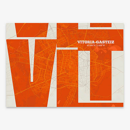 Poster of Vitoria-Gasteiz composed with letters from its abbreviation or its airport IATA code printed on orange and an off-white background