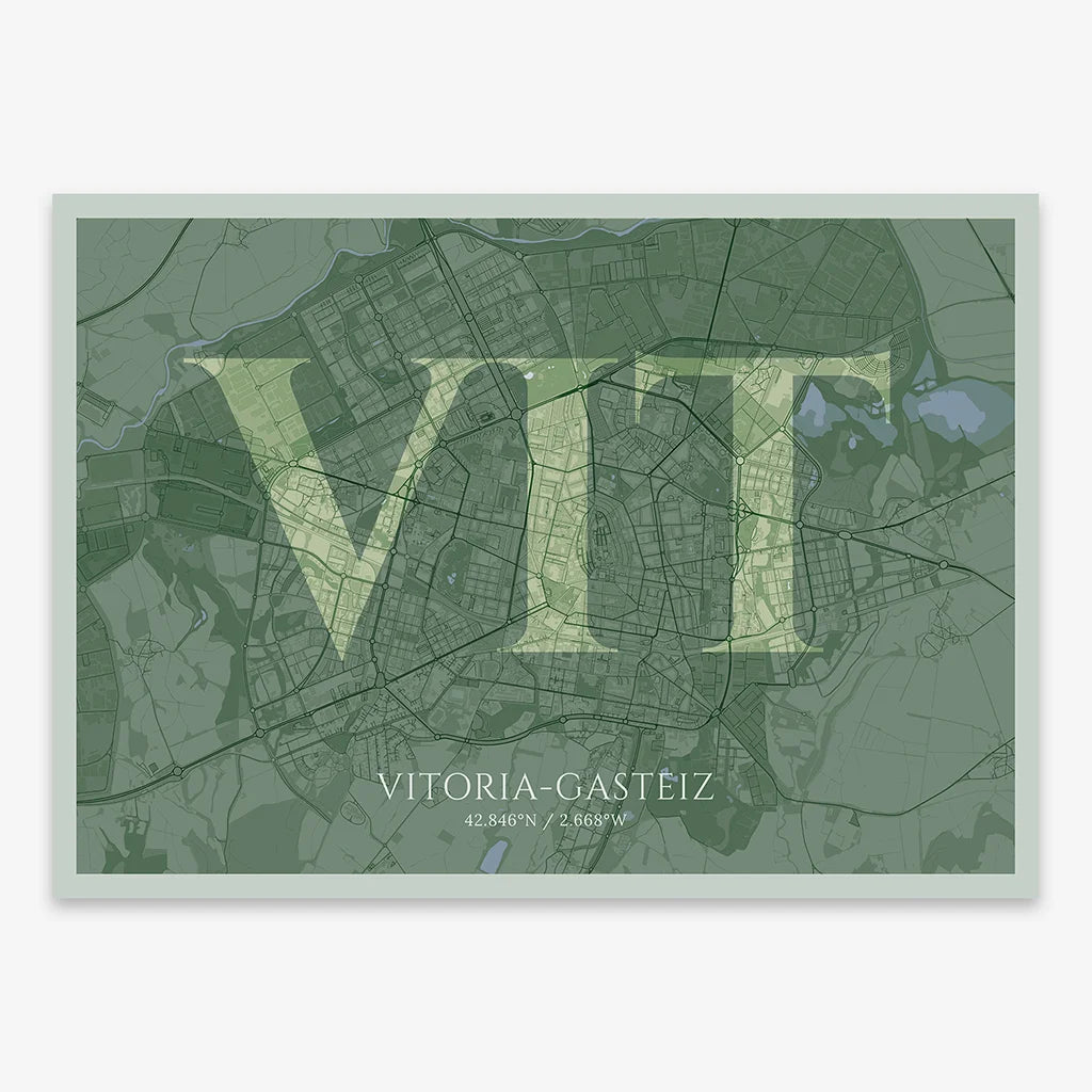 Decorative map of Vitoria-Gasteiz composed with letters in serif font printed on two green tones