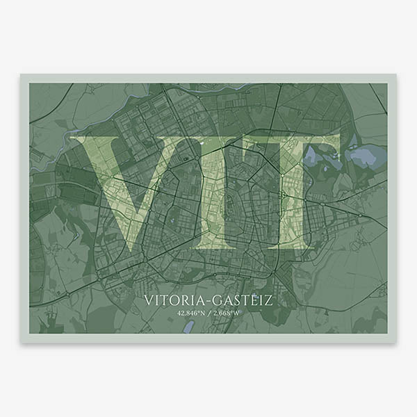 Decorative map of Vitoria-Gasteiz composed with letters in serif font printed on two green tones