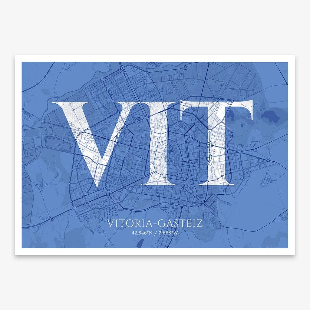 Decorative map of Vitoria-Gasteiz composed with letters in serif font printed on navy blue and white