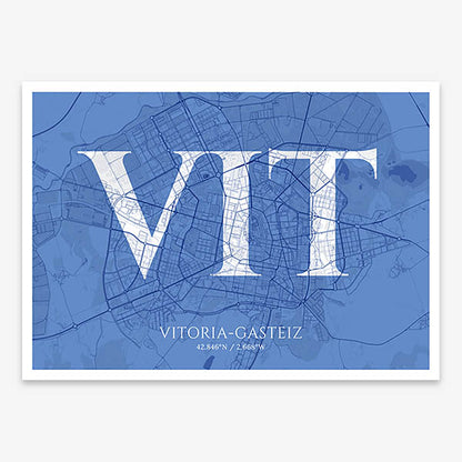 Decorative map of Vitoria-Gasteiz composed with letters in serif font printed on navy blue and white