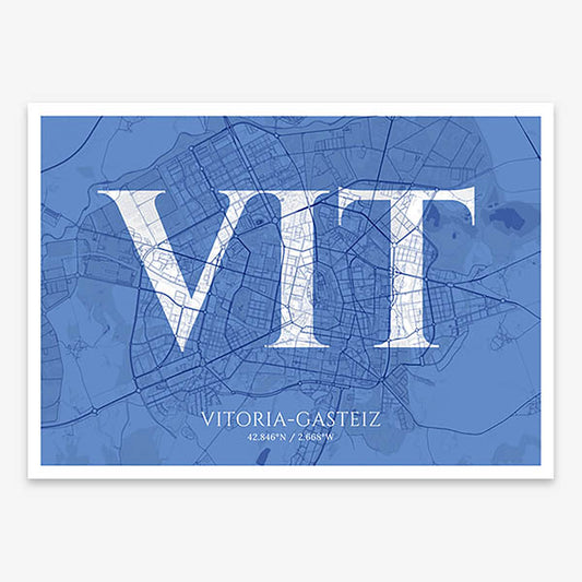 Decorative map of Vitoria-Gasteiz composed with letters in serif font printed on navy blue and white