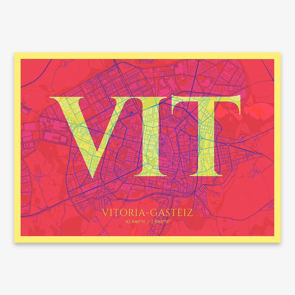 Decorative map of Vitoria-Gasteiz composed with letters in serif font printed on yellow and fuchsia
