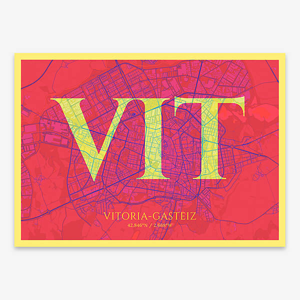 Decorative map of Vitoria-Gasteiz composed with letters in serif font printed on yellow and fuchsia