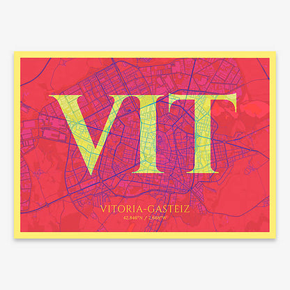 Decorative map of Vitoria-Gasteiz composed with letters in serif font printed on yellow and fuchsia