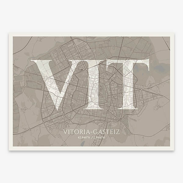 Decorative map of Vitoria-Gasteiz composed with letters in serif font printed on light brown and an off-white background